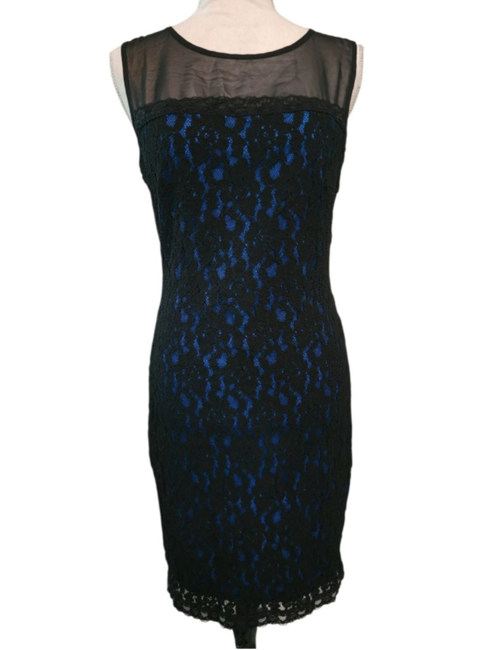 Rainbow Black Blue Lace Sheath Dress Size 8 Sheer Mesh Yoke Cocktail Bodycon